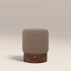 Marie Pouffe | Truffle Brown Sustainable Mohair Velvet & Walnut Burl Wood