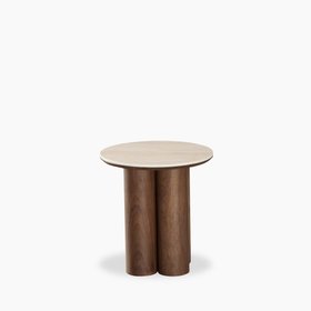 Noelle Round Side Table | Natural Travertine Effect Sintered Stone & Walnut
