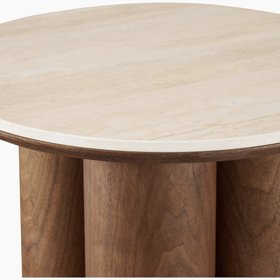 Noelle Round Side Table | Natural Travertine Effect Sintered Stone & Walnut