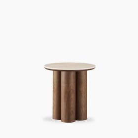 Noelle Round Side Table | Natural Travertine Effect Sintered Stone & Walnut