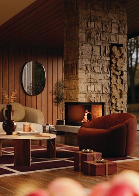 Emil Round Coffee Table, Dark Mango Wood & Travertine