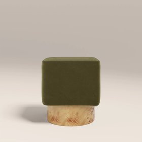 Bidbury Pouffe | Moss Green Sustainable Mohair Velvet & Burl Wood
