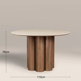 Noelle 4 Seat Round Dining Table | Natural Travertine Effect Sintered Stone & Walnut