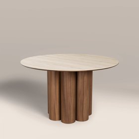 Noelle 4 Seat Round Dining Table | Natural Travertine Effect Sintered Stone & Walnut
