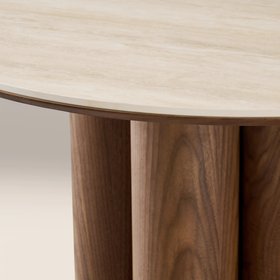 Noelle 4 Seat Round Dining Table | Natural Travertine Effect Sintered Stone & Walnut