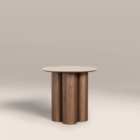 Noelle Round Side Table | Natural Travertine Effect Sintered Stone & Walnut