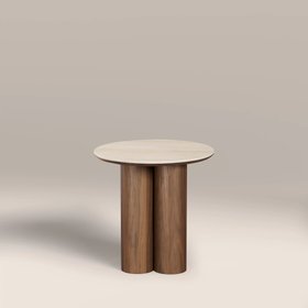 Noelle Round Side Table | Natural Travertine Effect Sintered Stone & Walnut