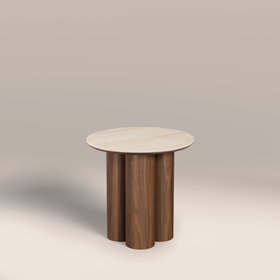 Noelle Round Side Table | Natural Travertine Effect Sintered Stone & Walnut