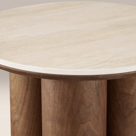 Noelle Round Side Table | Natural Travertine Effect Sintered Stone & Walnut