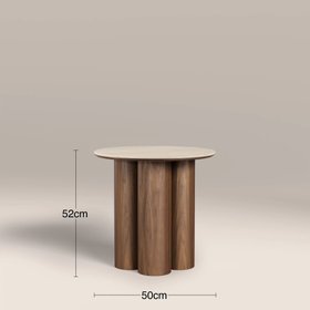 Noelle Round Side Table | Natural Travertine Effect Sintered Stone & Walnut