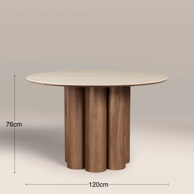 Noelle 4 Seat Round Dining Table | Natural Travertine Effect Sintered Stone & Walnut