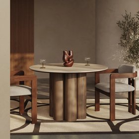 Noelle 4 Seat Round Dining Table | Natural Travertine Effect Sintered Stone & Walnut