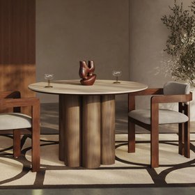Noelle 4 Seat Round Dining Table | Natural Travertine Effect Sintered Stone & Walnut