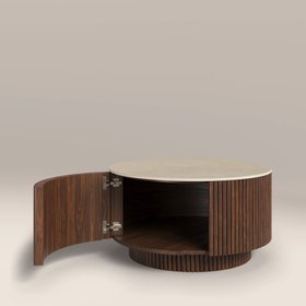 Everly Round Storage Coffee Table | Natural Travertine Effect Sintered Stone & Walnut