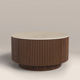 Everly Round Storage Coffee Table | Natural Travertine Effect Sintered Stone & Walnut