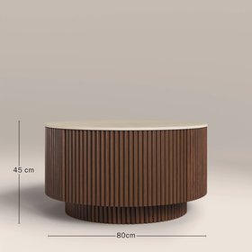 Everly Round Storage Coffee Table | Natural Travertine Effect Sintered Stone & Walnut