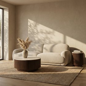 Everly Round Storage Side Table | Natural Travertine Effect Sintered Stone & Walnut