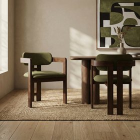 Hallie Wooden Carver Dining Chair | Moss Green Sustainable Mohair Velvet & Walnut
