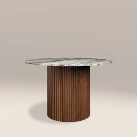 Medby 4 Seat Round Dining Table | Grey Marble & Walnut
