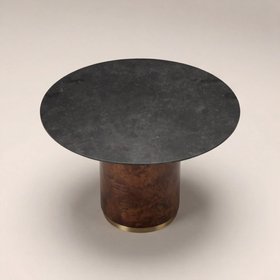Perry 4 Seat Round Dining Table | Black Sintered Stone & Walnut Burl Wood
