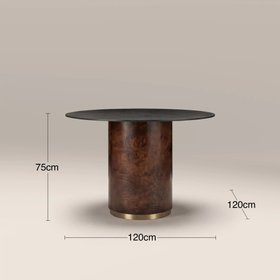 Perry 4 Seat Round Dining Table | Black Sintered Stone & Walnut Burl Wood