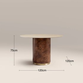 Perry 4 Seat Round Dining Table | Natural Travertine Effect Sintered Stone & Walnut Burl Wood