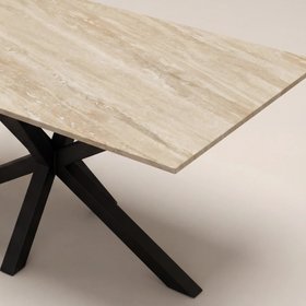 Sawyer 6 Seat Rectangle Dining Table | Natural Travertine Effect & Black