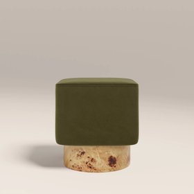 Bidbury Pouffe | Moss Green Sustainable Mohair Velvet & Walnut Burl Wood