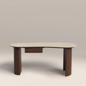 Lois 1 Drawer Desk | Natural Travertine Effect Stone & Walnut