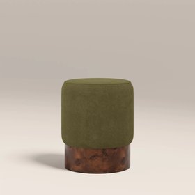 Marie Pouffe | Moss Green Sustainable Mohair Velvet & Walnut Burl