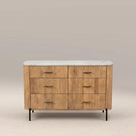 Oliver 6 Drawer Wide Chest of Drawers | White Marble & Natural