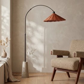 Keston Arc Floor Lamp | Rattan & Natural Travertine