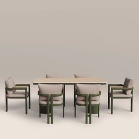 Levan 6 Seat Garden Dining Set | Natural & Moss Green