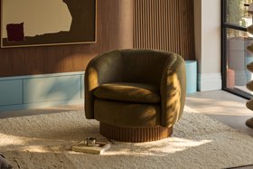 Viva Swivel Armchair Moss Green Sustainable Mohair Velvet & Walnut