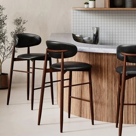 Halston Bar Stool | Vintage Black Faux Leather & Walnut