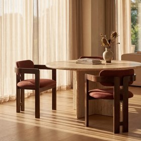 Hallie Wooden Carver Dining Chair | Rust Red Sustainable Velvet & Walnut