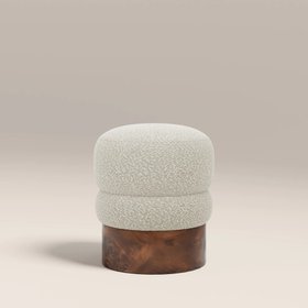 Neva Pouffe | Speckled Stone Sustainable Boucle & Walnut Burl Wood