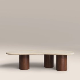 Brynleigh Curved Coffee Table | Natural Travertine Effect Stone & Walnut