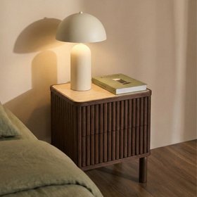 Santana 2 Drawer Bedside Table | Natural Travertine Effect Sintered Stone & Smoked Walnut