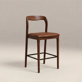 Madeleine Wooden Kitchen Stool | Vintage Tan Faux Leather & Walnut