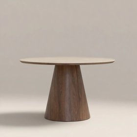 Finnley Large 4 Seat Round Dining Table | Natural Travertine Effect Sintered Stone & Walnut