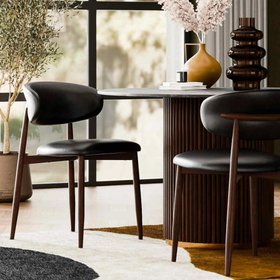Halston Dining Chair | Vintage Black Faux Leather & Walnut