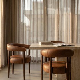 Elan Carver Dining Chair | Vintage Tan Faux Leather & Walnut