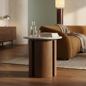 Maui Round Side Table | Grey Honed Marble Effect Stone & Walnut