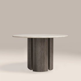 Maui 4 Seat Round Dining Table | White Honed Marble Effect Stone & Smoked Grey Oak