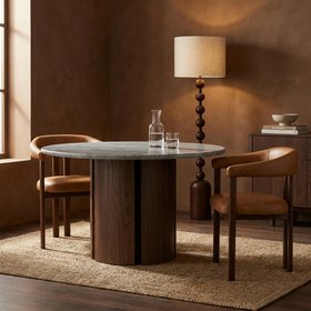 Maui 4 Seat Round Dining Table | Grey Honed Marble Effect Stone & Walnut