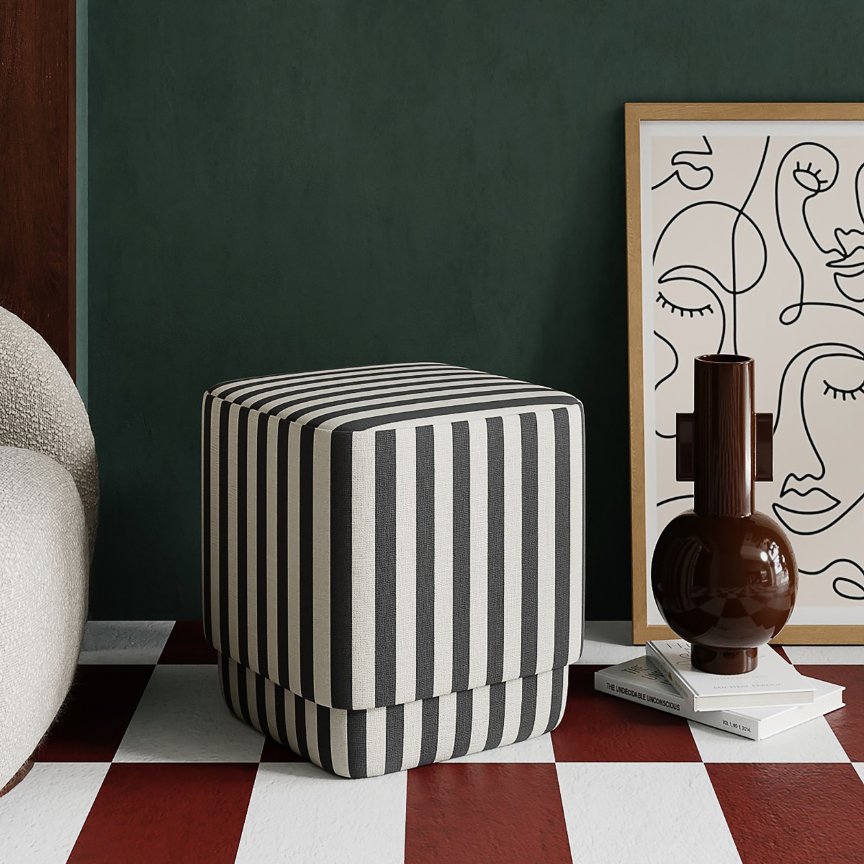 Soho Striped Pouffe, Black & White