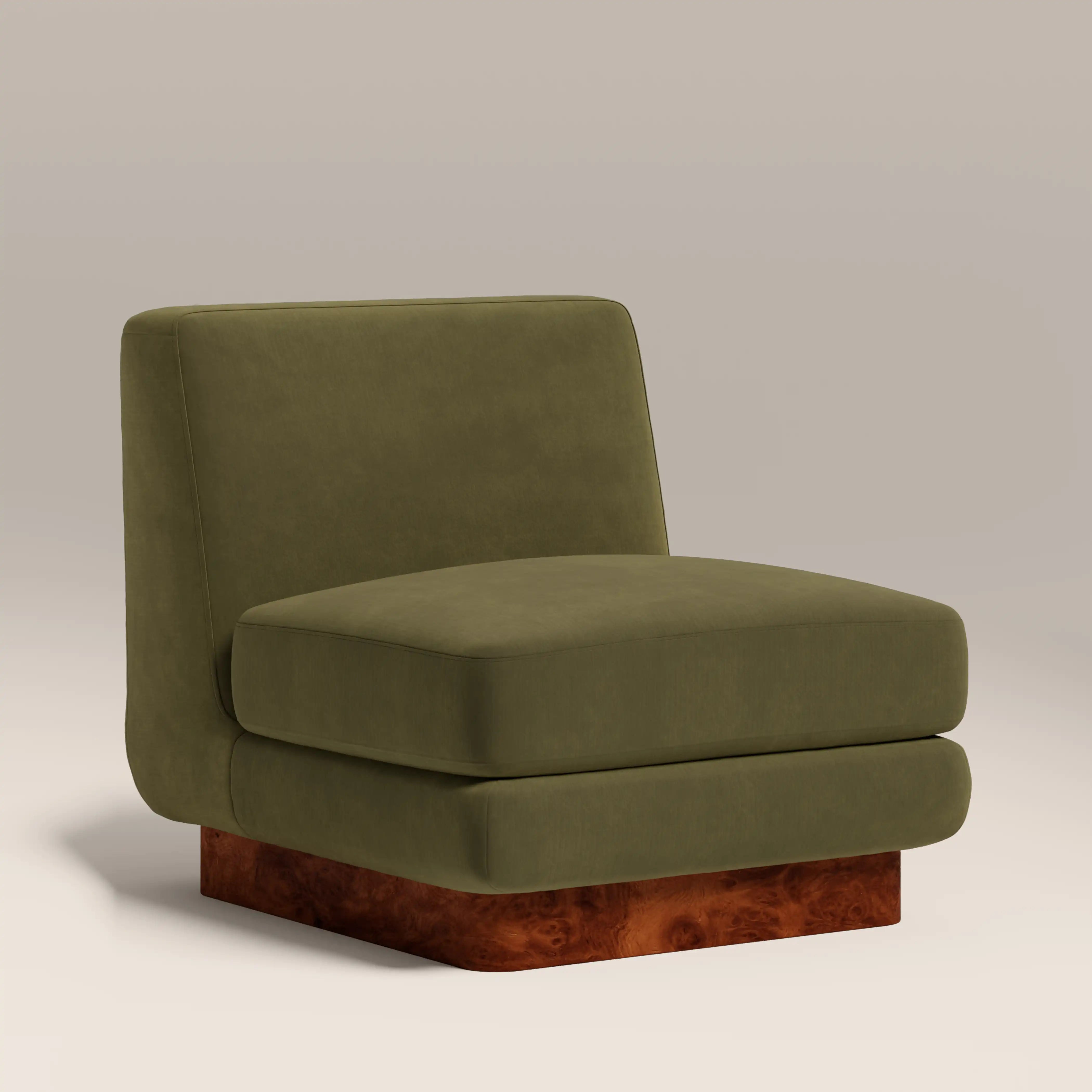 Harrison Accent Chair | Moss Green Sustainable Mohair Velvet & Walnut Burl Wood