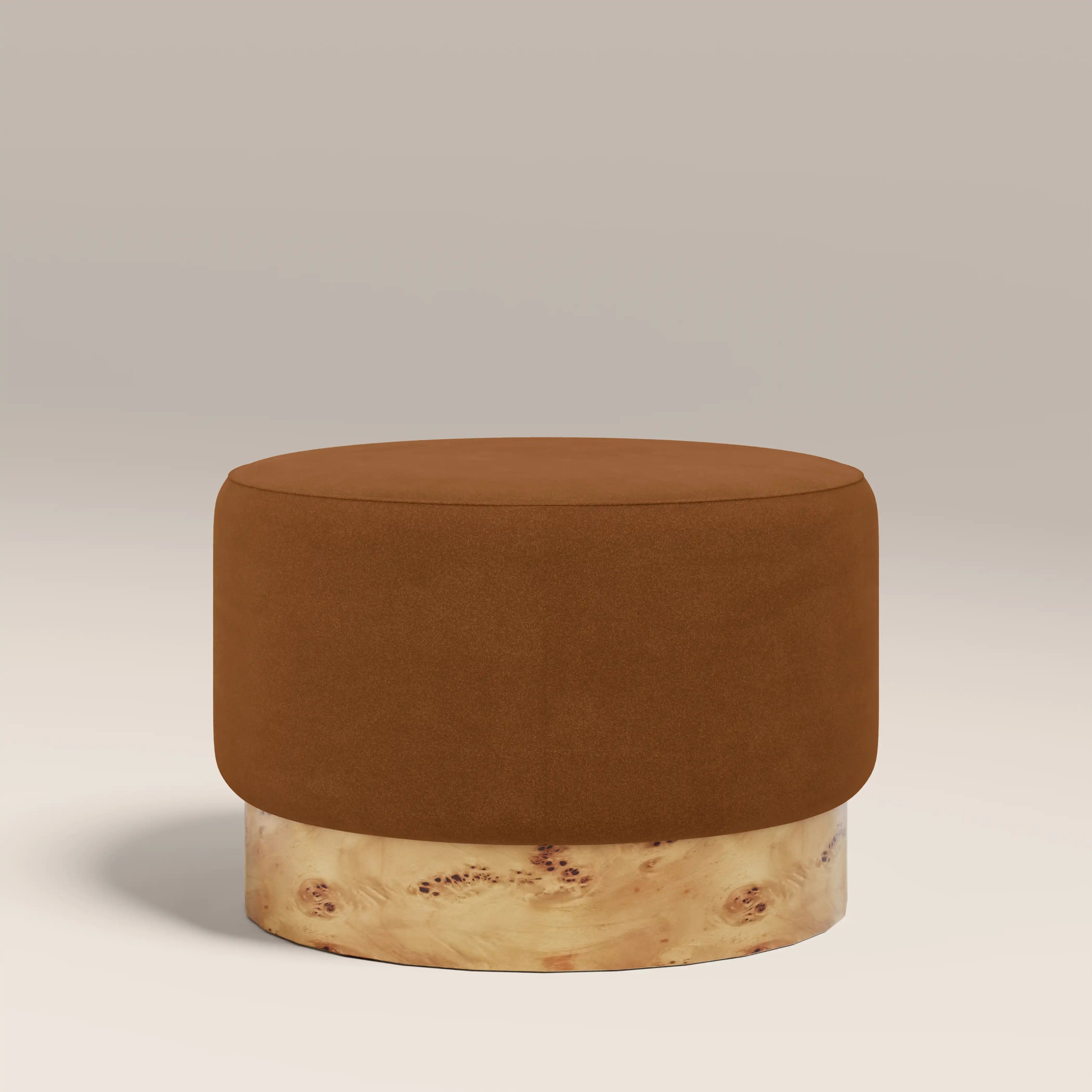 Marie Footstool | Caramel Brown Sustainable Mohair Velvet & Burl Wood