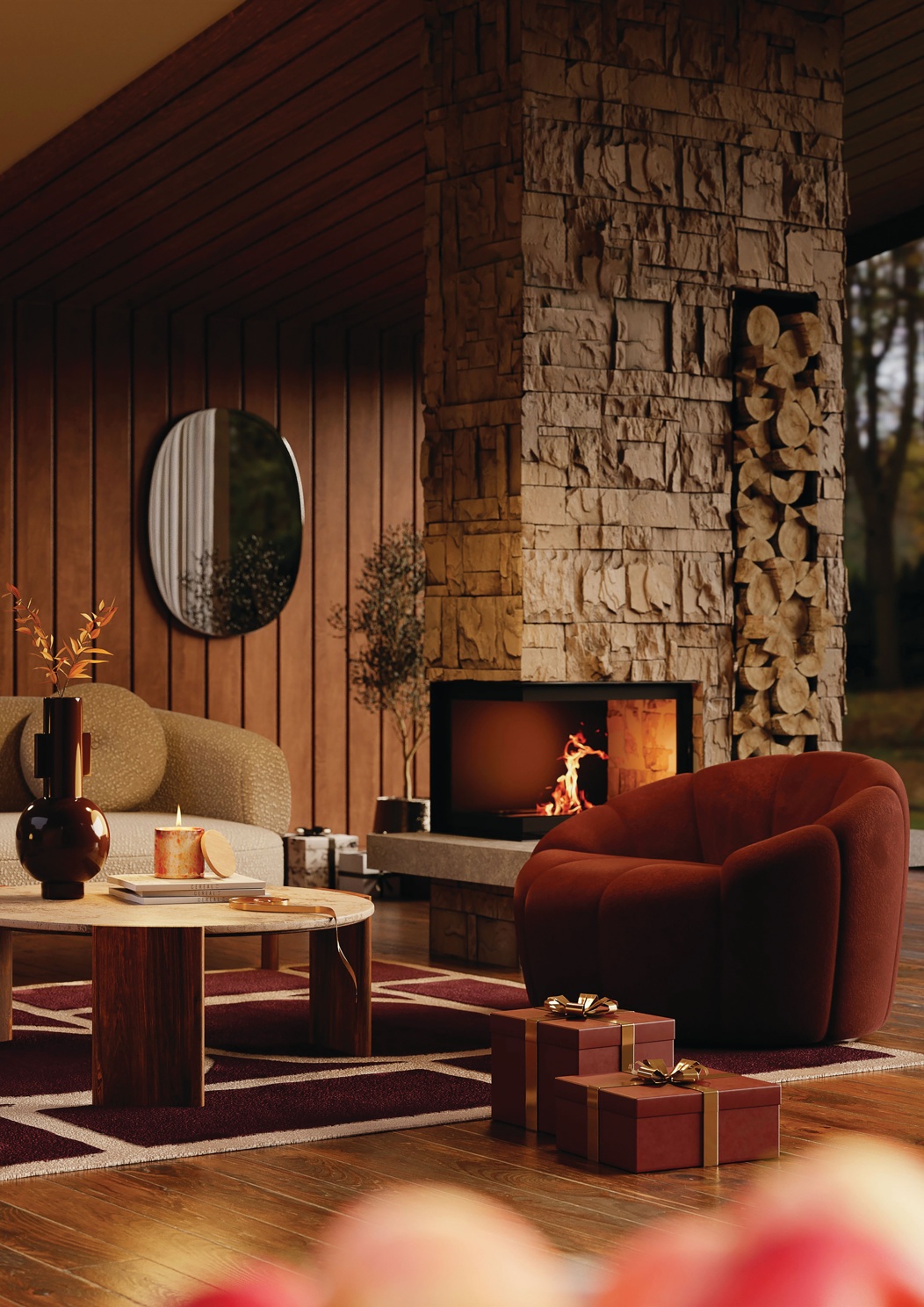 Emil Round Coffee Table, Dark Mango Wood & Travertine